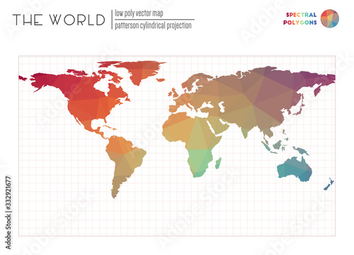 Triangular mesh of the world. Patterson cylindrical projection of the world. Spectral colored polygons. Creative vector illustration.