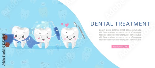 Dental tratment cute healthy white teeth with dental health care tools against microbes cartoon vector illustration for children dentist cabinet. Dental care banner for kids, funny dentistry.