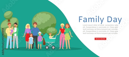 Family day with traditional family father mother daughter, son and homosexual couples with baby vector illustration. Day of families, diverse family people web page banner.