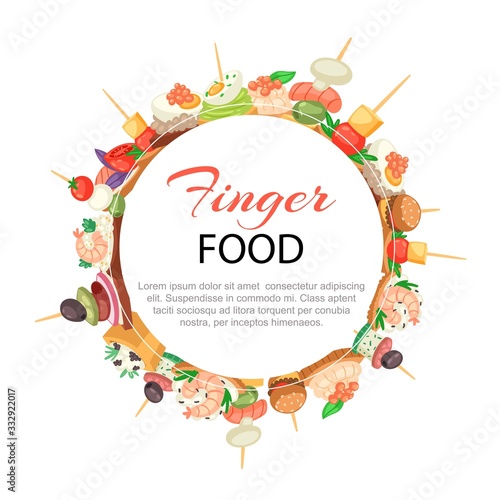 Finger food in circle with canapes, tapas on plate, appetizer, caviar, olives and green vegetables cartoon poster vector illustration. Buffet, restaurant canape finger food and snack poster.