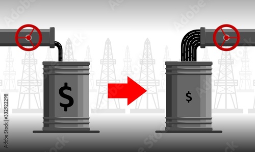 oil crisis concept. Decrease or increase in oil and hydrocarbon production. Expensive or cheap oil. Oil pours into a barrel from a pipe. Oil war.