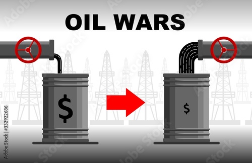 oil crisis concept. Decrease or increase in oil and hydrocarbon production. Expensive or cheap oil. Oil pours into a barrel from a pipe. Oil war.