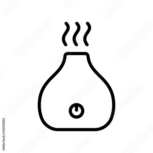 Electronic aroma diffuser with power button and air stream. Line art icon of air freshener. Black illustration of electric device for home. Contour isolated vector image on white background