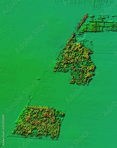 DEM - digital elevation model. Hipsometric photo taken from a drone. It shows forest area during recultivation with a lot of trees. photo