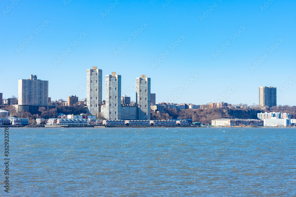 Skyline of West New York and Guttenberg New Jersey with a Clear Blue Sky along the Hudson River
