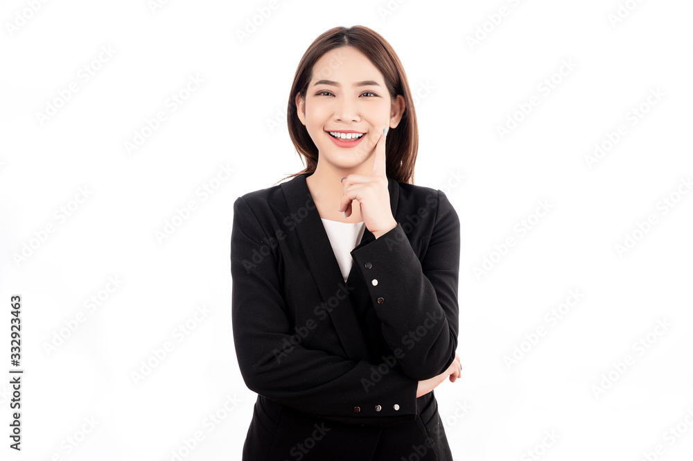 Asian businesswoman with black suit pretent thinking pose in white isolated background. Smart, confident, business, presenter concept. Asian businesswoman with black suit pretent thinking pose in white isolated background. Smart, confident, business, presenter concept.