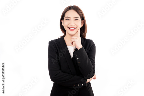 Asian businesswoman with black suit pretent thinking pose in white isolated background. Smart, confident, business, presenter concept.
