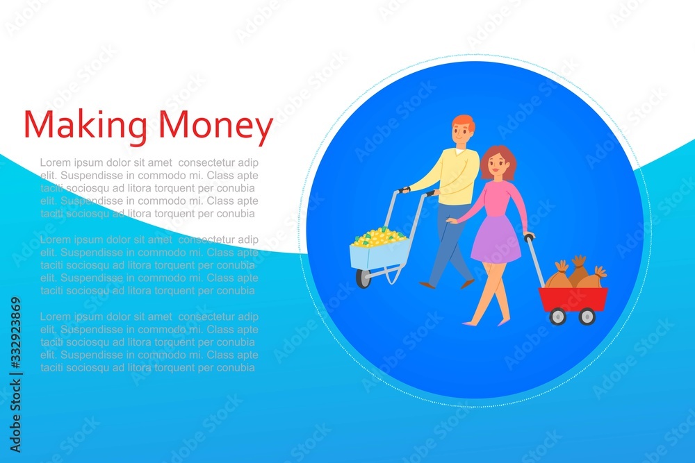 Making money smart lady with truck of money bags and business man with golden coins profit cartoon vector illustration. Making money for business and finance concept poster. Making money smart lady with truck of money bags and business man with golden coins profit cartoon vector illustration. Making money for business and finance concept poster.