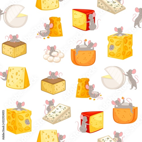 Mice and pieces of cheese seamless pattern vector cartoon illustration of mouse happily nibbling on chunk of cheese. Mouse, symbol of 2020 year and different sorts of cheese background.