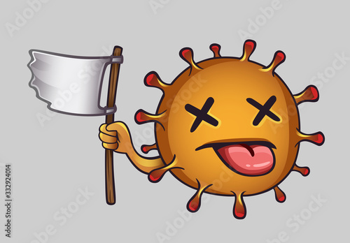 Coronavirus yellow dead character with white flag. Vector illustration