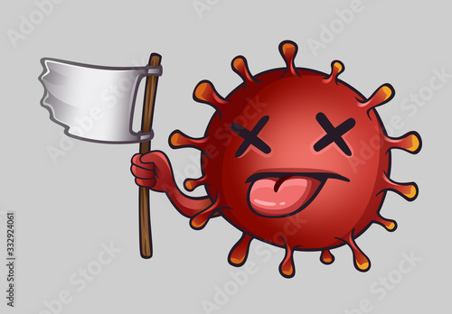 Coronavirus red dead character with white flag. Vector illustration