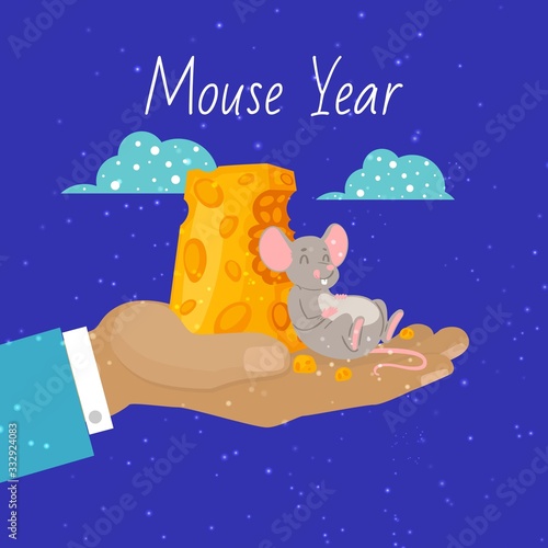 Mouse 2020 year symbol and pieces of cheese vector cartoon illustration of mouse happily nibbling on chunk of cheese. Mouse, symbol of 2020 year and cheese on hand banner.