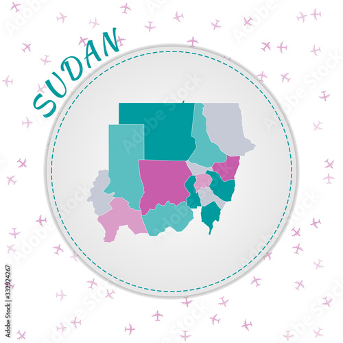 Sudan map design. Map of the country with regions in emerald-amethyst color palette. Rounded travel to Sudan poster with country name and airplanes background. Classy vector illustration.