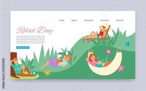 Relax day outdoors leisure in park, summer time cartoon web template vector illustration. Men and women lie on bentch and hammock on grass in nature, reading book webpage. photo