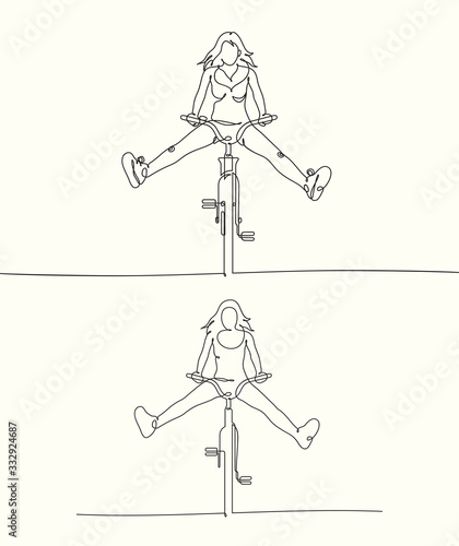 Silhouette of girl on bike. Continuous line drawing of cyclist with legs apart. Set of linear vector illustrations for graphic design, prints, t-shirts