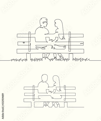 Lovers sitting on bench in park. Continuous line drawing of loving couple silhouette. Set of linear vector illustrations for graphic design, prints, t-shirts
