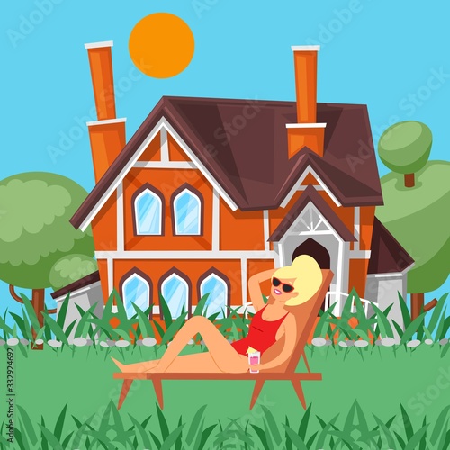 Relax day woman taking sun bath outdoors leisure at summer country house cartoon vector illustration. Lady lies on bentch on grass in village, country rural landscape with small cottage. photo