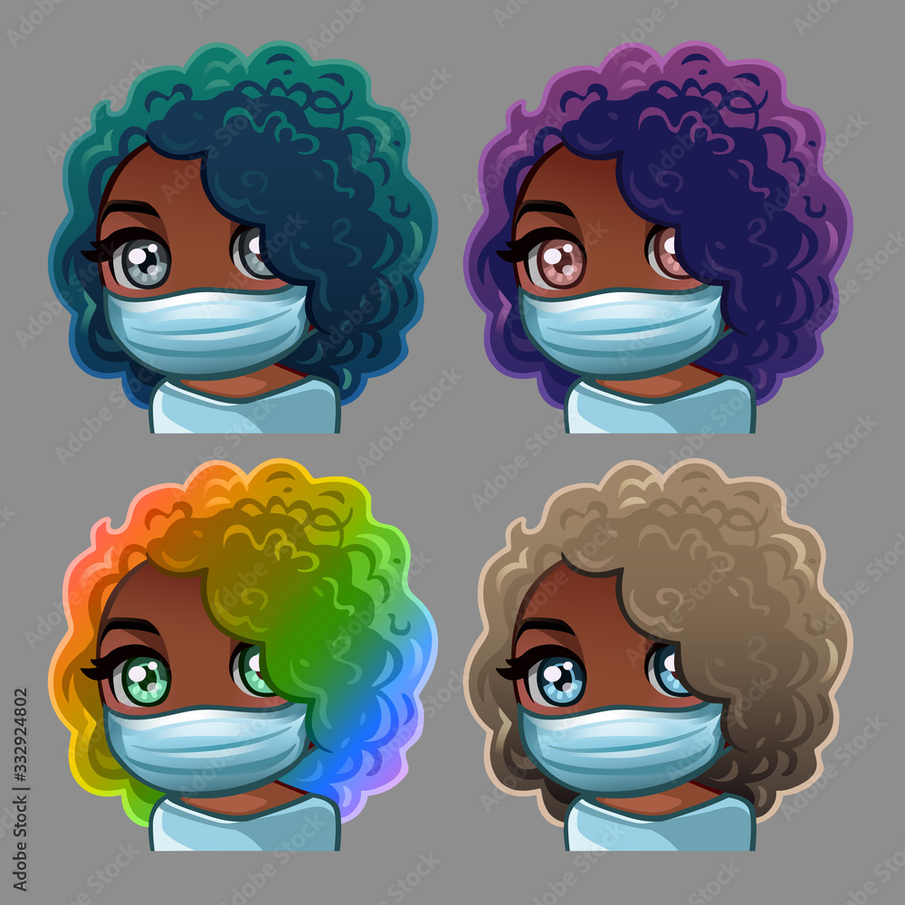 Emotion icons african american curly women in medical mask for social networks and stickers. Vector illustration Emotion icons african american curly women in medical mask for social networks and stickers. Vector illustration