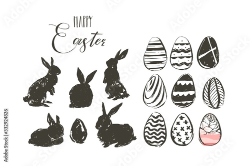 Hand drawn vector abstract graphic scandinavian collage Happy Easter cute illustrations greeting collection set with bunny silhouettes and easter eggs isolated on white background