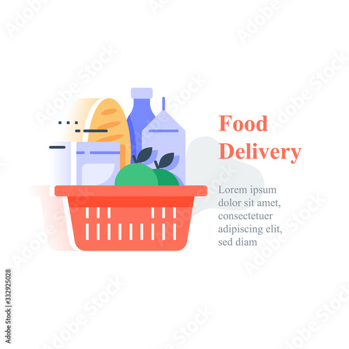 Full red basket of groceries, supermarket products abundance, food purchase and home delivery