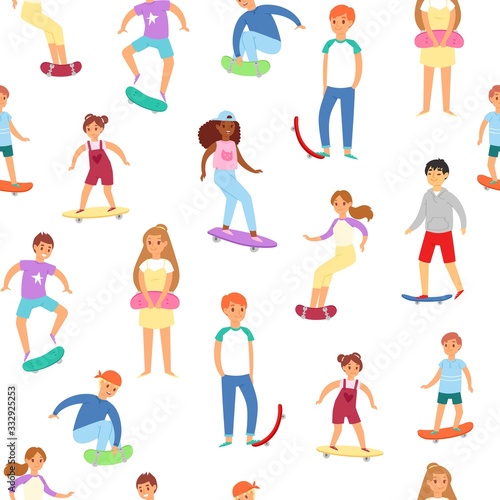 Scaters kids boys and girls skating on skateboard seamless pattern vector illustration. Skateboarding ride for different nationalities teenagers background.