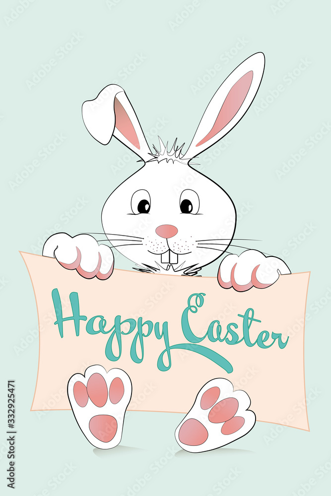 Osterhase mit Schild und Text Happy Easter in Pastellfarben. Osterhase mit Schild und Text Happy Easter in Pastellfarben.