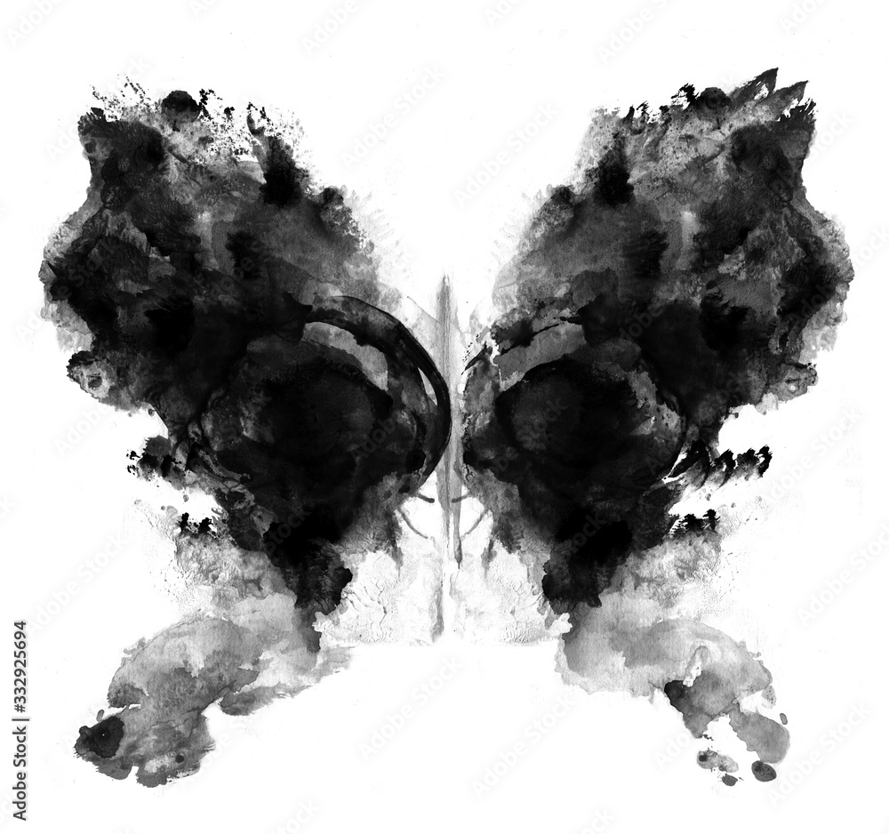 Rorschach test ink blot illustration. Psychological test. Silhouette of black butterfly isolated.  - obrazy, fototapety, plakaty 