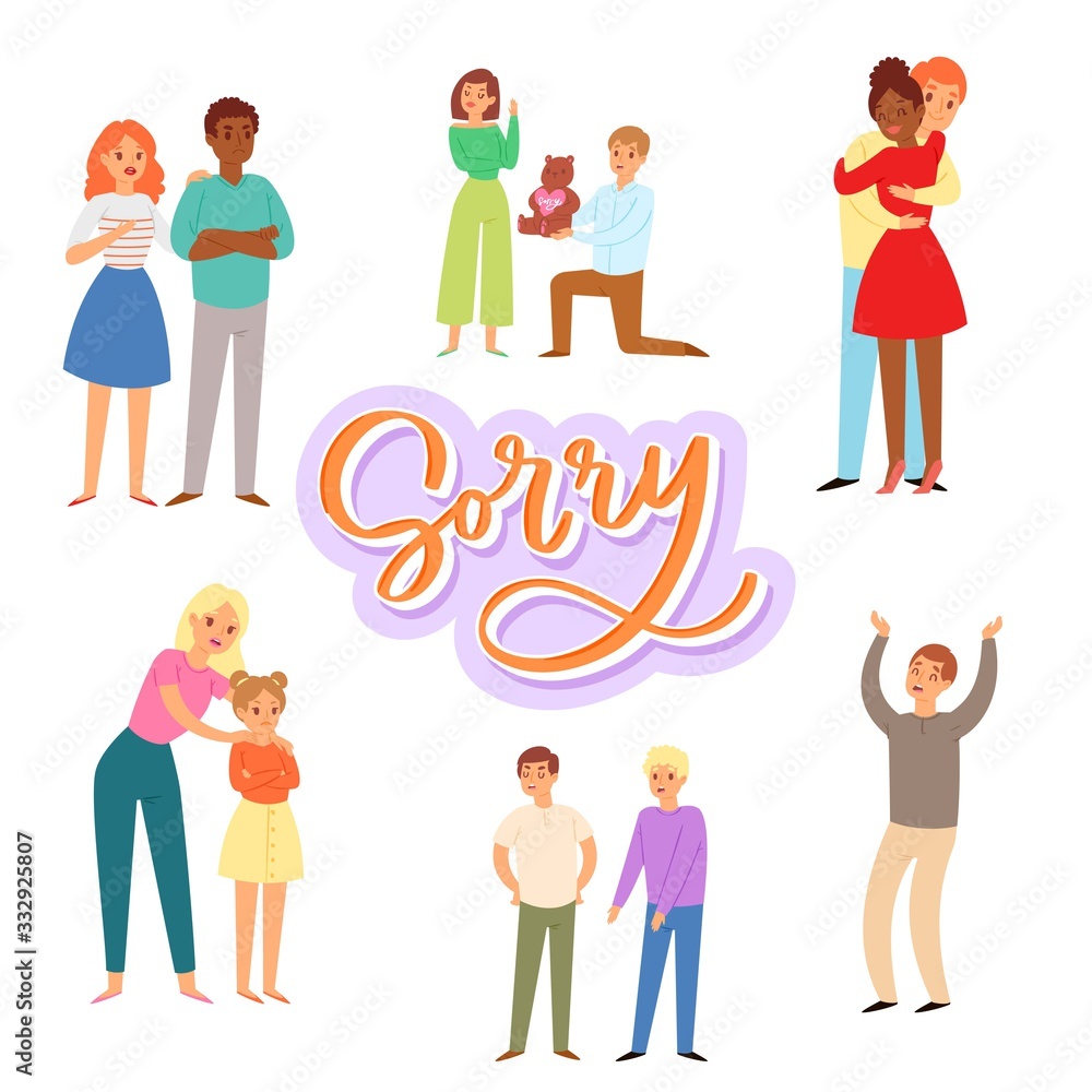 Sorry and apologizing, exuse me cartoon characters of adults and children vector illustration. Man, woman trying to apologize say sorry to mother, wife, husband, child.