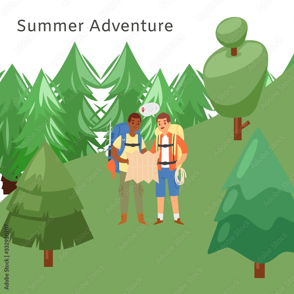 Tourists men hikers traveling trekking with backpacks in mountains forest cartoon vector illustration. Summer adventure hiking in forest for friends. Tourists men hikers traveling trekking with backpacks in mountains forest cartoon vector illustration. Summer adventure hiking in forest for friends.