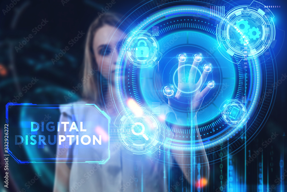 Business, Technology, Internet and network concept. Young businessman working on a virtual screen of the future and sees the inscription: digital disruption Business, Technology, Internet and network concept. Young businessman working on a virtual screen of the future and sees the inscription: digital disruption