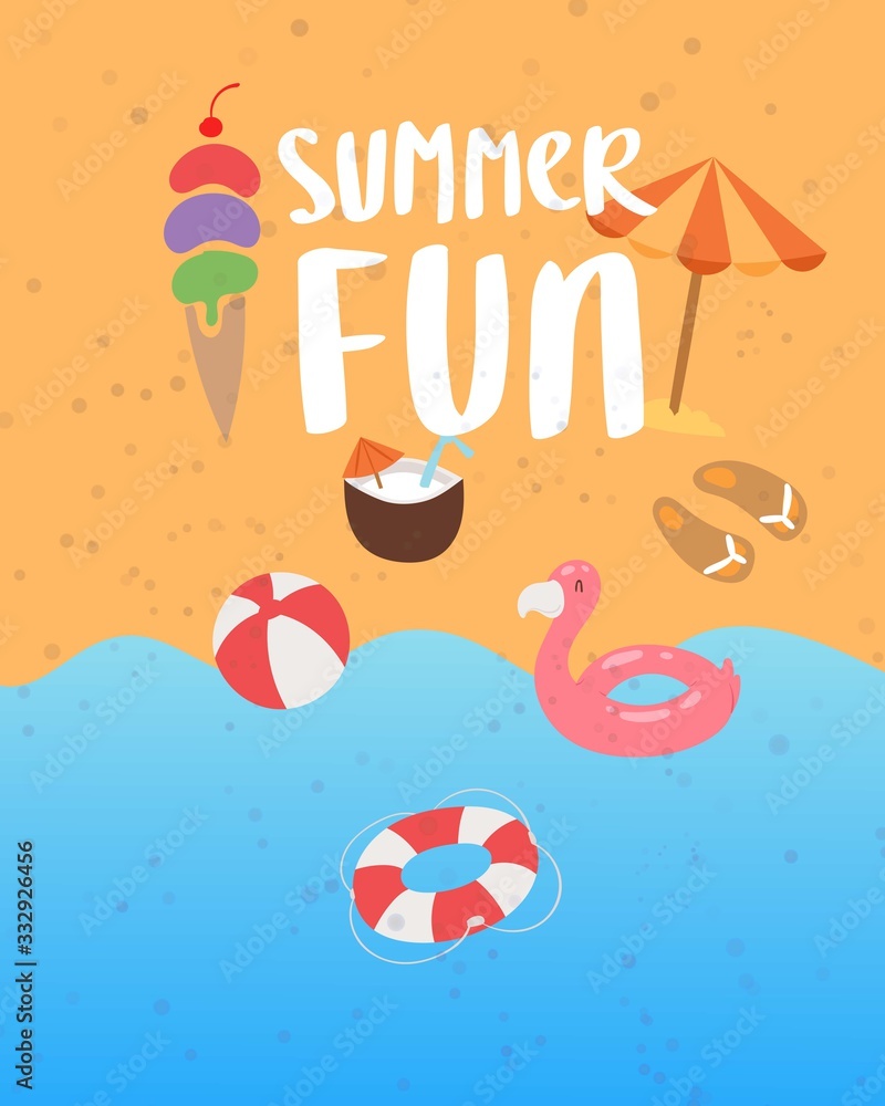 Summer fun on sea beach banner with ocean sand, sun umbrella, swimming flamingo, holiday elements vector illustration. Vacation on sea summer beach poster.