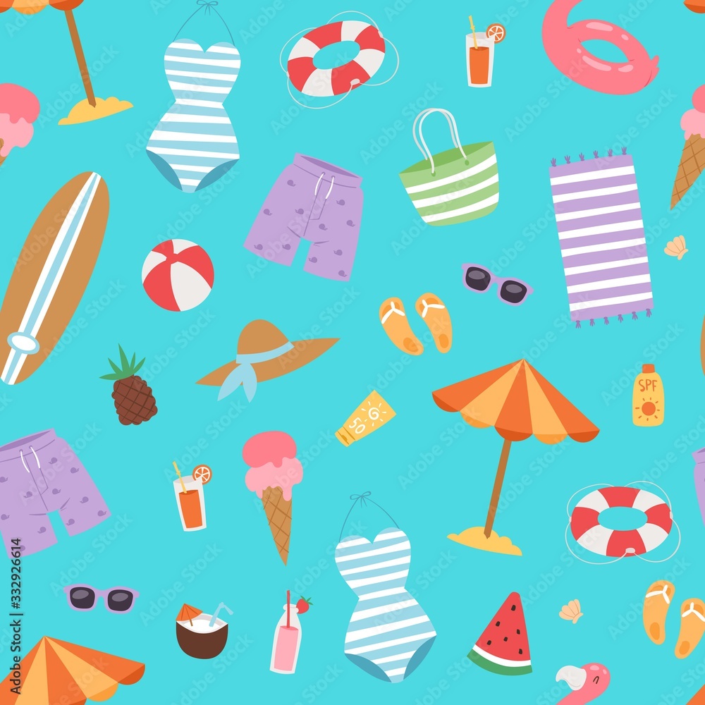 Summer beach seamless pattern with umbrella, cocos and icecream, swimming flamingo, surfboard and holiday elements vector illustration. Vacation on sea summer beach background.