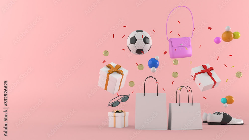 3D rendering 3D illustration Online shop , Shopping bags, wallet, banks and coins amidst colorful balls on a  background.