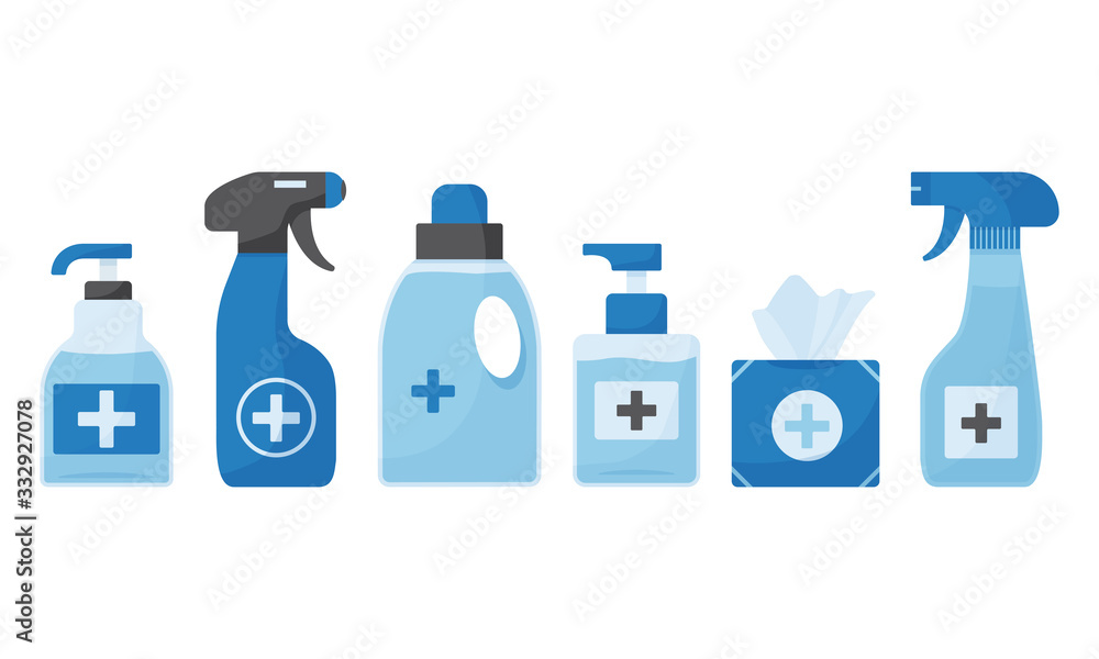 Disinfection. Hygiene. Set of hand sanitizer bottles, washing gel, spray, wipes box, liquid soap. Vector illustration Disinfection. Hygiene. Set of hand sanitizer bottles, washing gel, spray, wipes box, liquid soap. Vector illustration