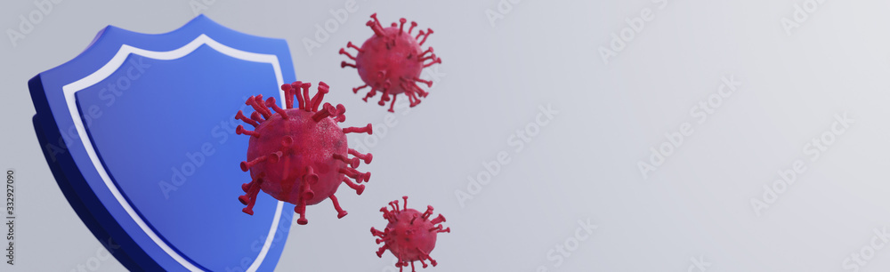 Fototapeta Corona viruses cells with red and purple color on pink white wall background. Left side of picture. Kill asian flu outbreak and coronaviruses influenza as dangerous flu strain cases as a pandemic.