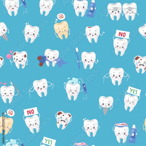 Cute healthy and ill white teeth seamless pattern with dental health care cartoon vector illustration for children dentist cabinet. Dental care background for kids, funny teeth dentistry.