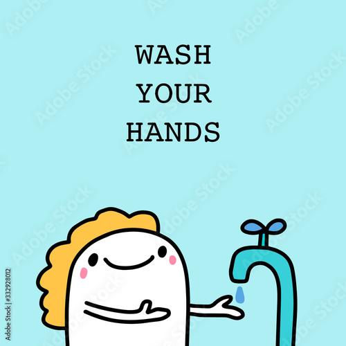 Wash your hands vector illustration in cartoon comic style man holding peace and water tap hygiene while infection coronavirus covid-19 print poster card