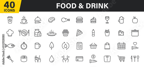 Set of 40 Food and Drink web icons in line style. Coffe, water, eat, restaurant, fastfood. Vector illustration.