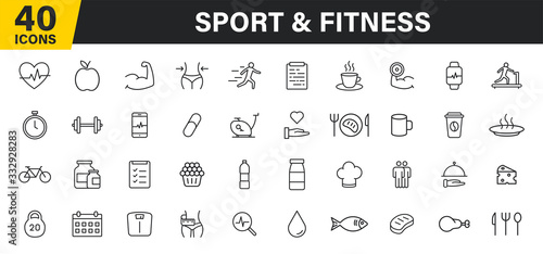 Set of 40 Sport and Fitness, healthy food web icons in line style. Soccer, nutrition, workout, teamwork. Vector illustration.