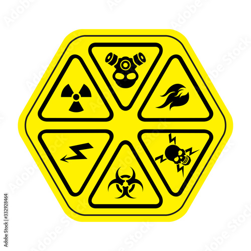 Hexagonal, triangular Warning Hazard Icons Vector Set