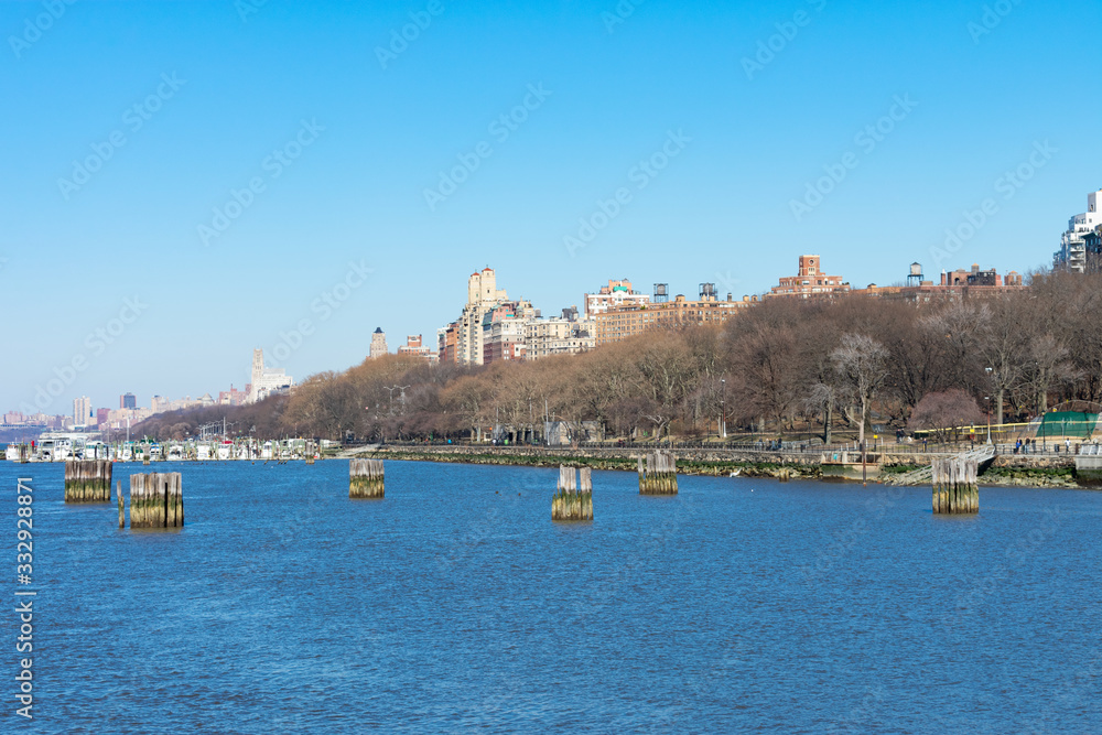 Waterfront of Lincoln Square and the Upper West Side of New York City along the Hudson River with a Clear Blue Sky