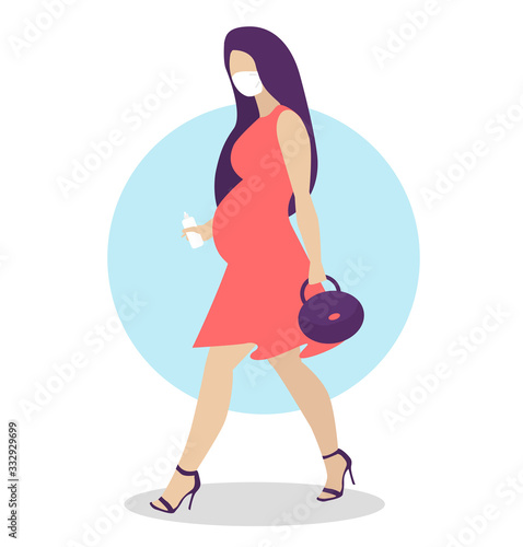 Pregnant woman walking in corall dress. Active well dressed pregnant female character.