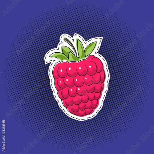 Sweet pink fruit berry raspberries sticker on a purple violet pop art halftone background, black dots in the form of a circle , pins or patches, retro style, vector illustration
