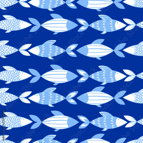 Vector seamless pattern with graphic abstract blue fish on a blue background. For decorating kitchen textiles, bathroom textiles, fish factories and restaurants.
