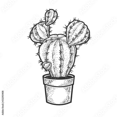 cactus flower plant in pot sketch engraving vector illustration. T-shirt apparel print design. Scratch board imitation. Black and white hand drawn image.
