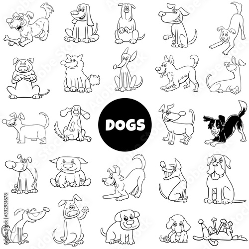 black and white cartoon dog characters large set
