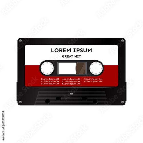Audio tape cassette with letter on white-red label  isolated vector on white background.