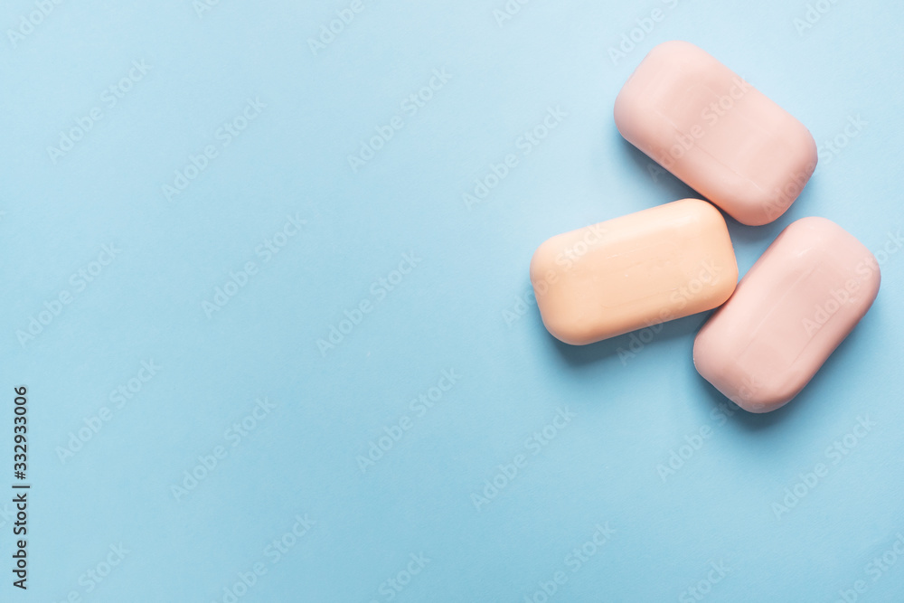 Natural soap on a blue pink background. Flat lay the concept of Spa cleanliness of hands. copy space Natural soap on a blue pink background. Flat lay the concept of Spa cleanliness of hands. copy space