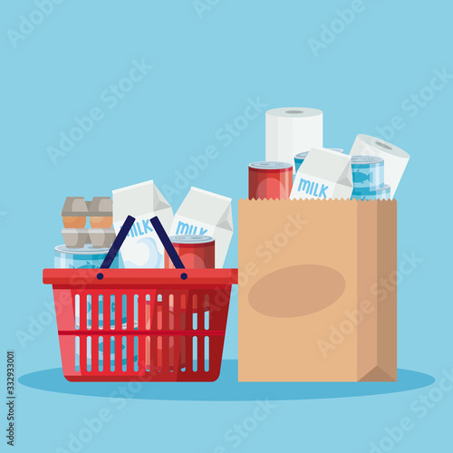 basket and bag paper with groceries vector illustration design