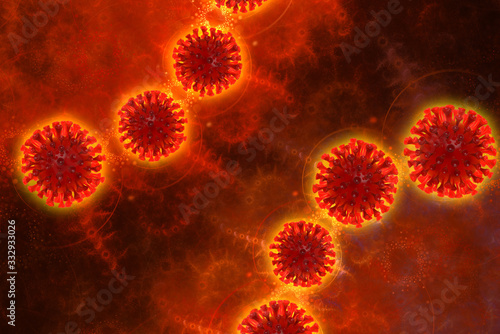 Coronavirus Wuhan, China COVID-19 background with corona cells molecules around. Epidemic condition 3d illustration on red background with copyspace